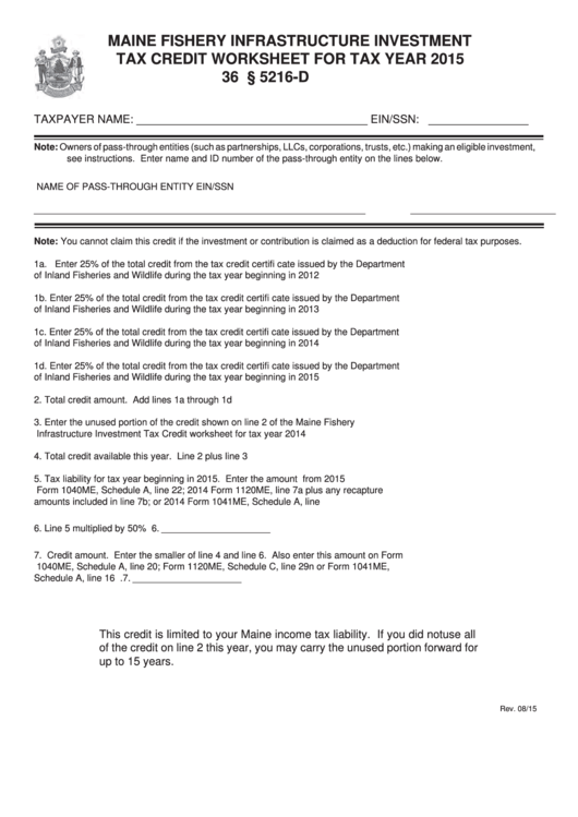 Maine Fishery Infrastructure Investment Tax Credit Worksheet For Tax Year 2015 Printable pdf
