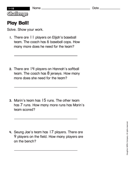Play Ball! - Math Worksheet With Answers Printable pdf