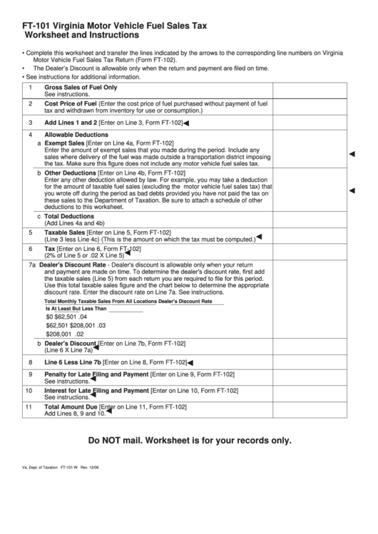 Form Ft-101 - Virginia Motor Vehicle Fuel Sales Tax Worksheet And Instructions Printable pdf