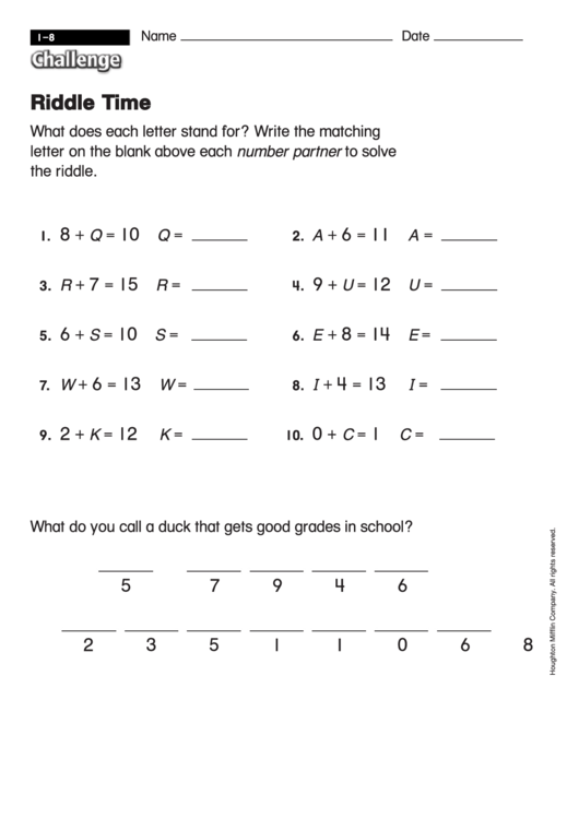 Riddle Time - Math Worksheet With Answers Printable pdf