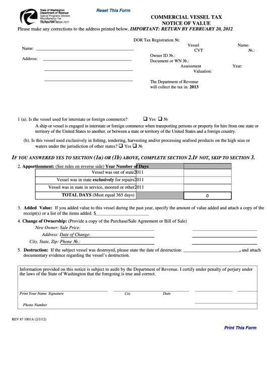 Fillable Form Rev 87 1001a - Commercial Vessel Tax Notice Of Value Printable pdf