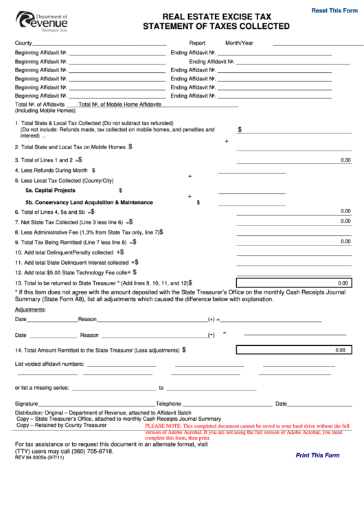 Fillable Form Rev 84 0005e - Real Estate Excise Tax Statement Of Taxes Collected Printable pdf