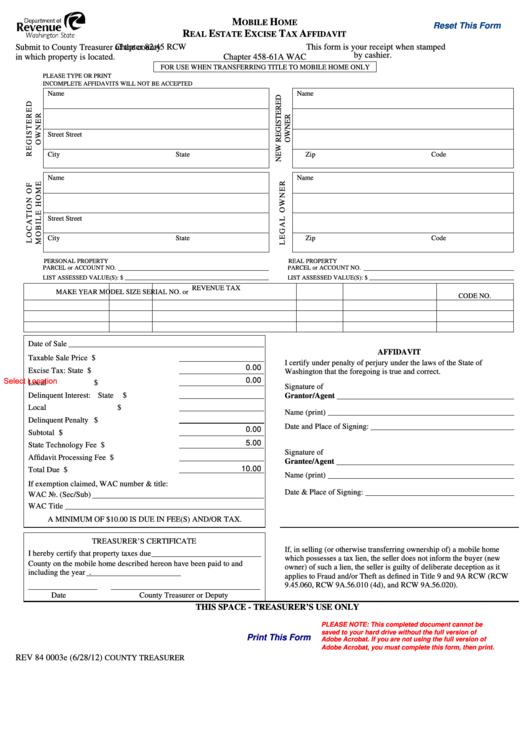 Fillable Form Rev 84 0003e - Mobile Home Real Estate Excise Tax Affidavit Printable pdf