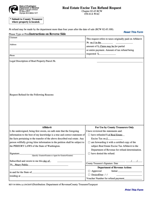 Fillable Form Rev 84 0004e (A) - Real Estate Excise Tax Refund Request Printable pdf
