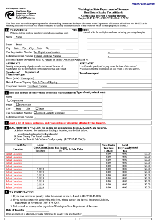 Fillable Form Rev 84 0001be - Real Estate Excise Tax Affidavit Controlling Interest Transfer Return Printable pdf
