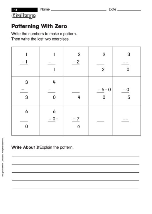 Patterning With Zero - Subtraction Worksheet With Answers Printable pdf