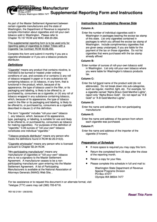 Fillable Form Rev 82 2109-2 - Non-Participating Manufacturer Supplemental Reporting Form Printable pdf