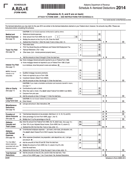 Schedule A (Form 40nr) - Alabama Itemized Deductions - 2014 Printable pdf
