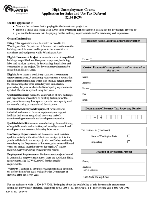 High Unemployment County Application For Sales And Use Tax Deferral 82.60 Rcw Printable pdf
