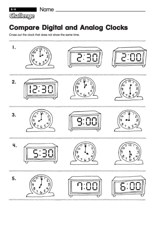Compare Digital And Analog Clocks - Comparison Worksheet With Answers Printable pdf