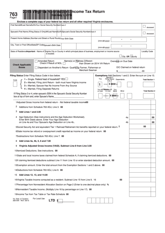 Fillable Form 763 - Virginia Nonresident Income Tax Return - 2015 Printable pdf