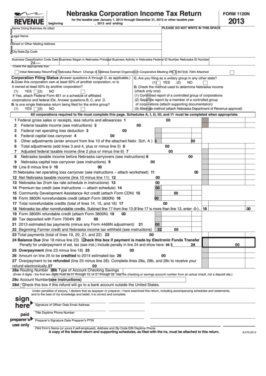Fillable Form 1120n - Nebraska Corporation Income Tax Return - 2013 Printable pdf