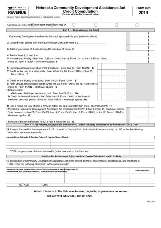 Fillable Form Cdn - Nebraska Community Development Assistance Act Credit Computation - 2014 Printable pdf