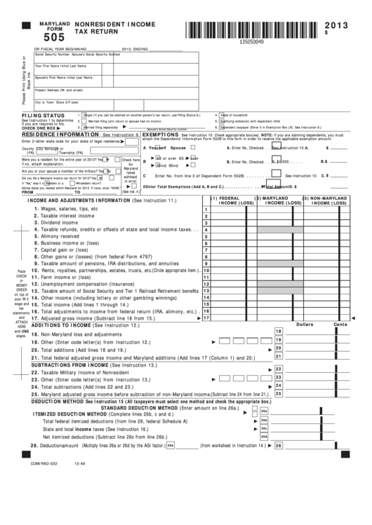 Fillable Maryland Form 505 - Nonresident Income Tax Return - 2013 Printable pdf