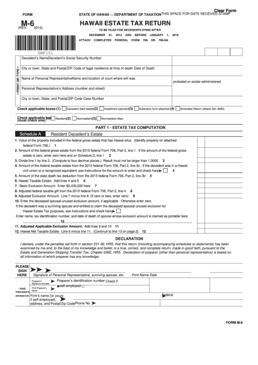 Fillable Form M-6 - Hawaii Estate Tax Return Printable pdf