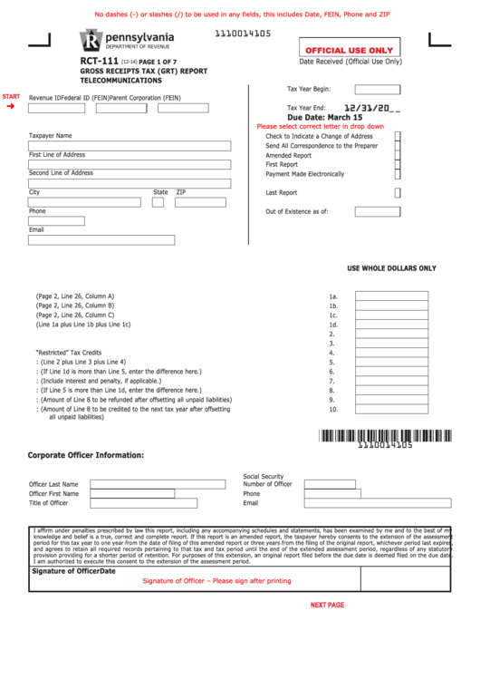 Fillable Form Rct-111 - Gross Receipts Tax (Grt) Report - Telecommunications Printable pdf