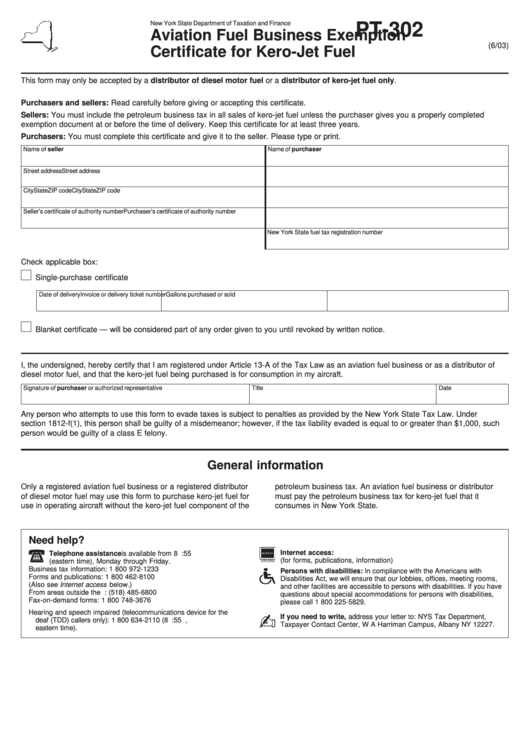 Form Pt-302 - Aviation Fuel Business Exemption Certificate For Kero-Jet Fuel Printable pdf