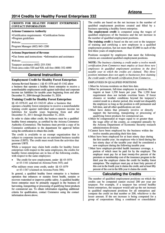 Instructions For Form 332 - Arizona Credits For Healthy Forest Enterprises - 2014 Printable pdf