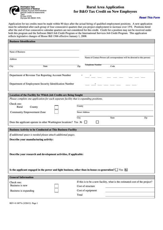Fillable Rural Area Application For B&o Tax Credit On New Employees Printable pdf
