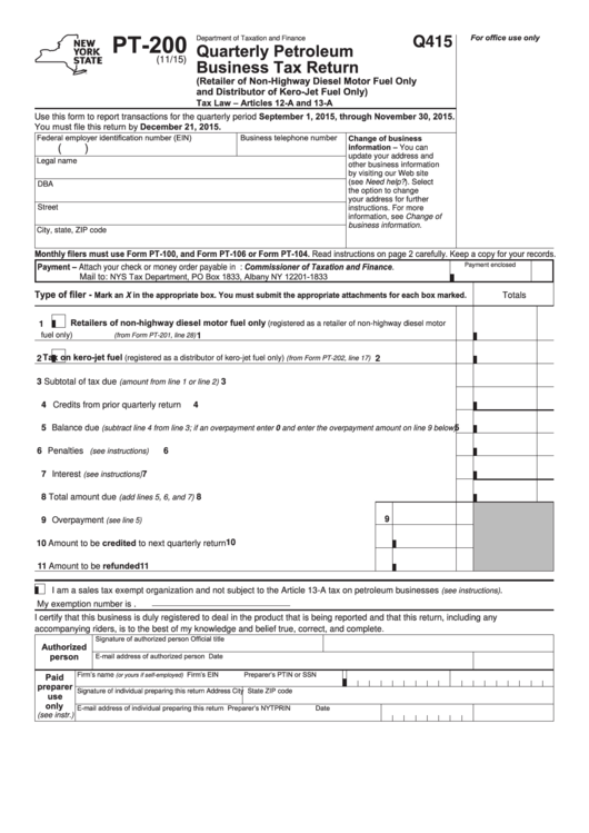 Form Pt-200 - Quarterly Petroleum Business Tax Return Printable pdf