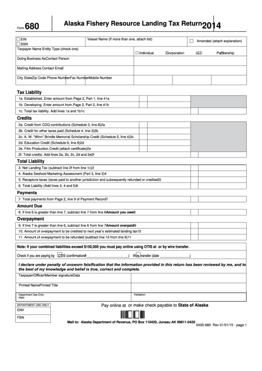 Form 680 - Alaska Fishery Resource Landing Tax Return - 2014 Printable pdf