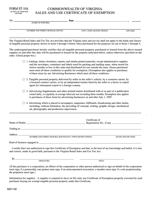 Fillable Form St-10a - Sales And Use Certificate Of Exemption printable ...