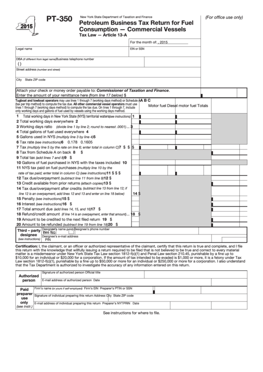 Form Pt-350 - Petroleum Business Tax Return For Fuel Consumption - Commercial Vessels - 2015 Printable pdf