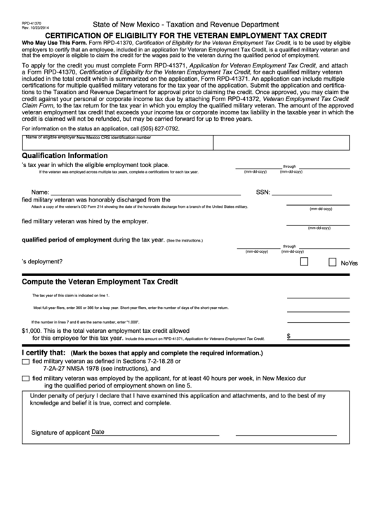 Fillable Form Rpd-41370 - Certification Of Eligibility For The Veteran Employment Tax Credit Printable pdf