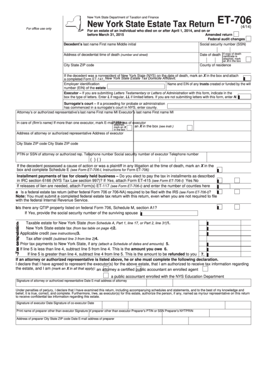 Fillable Form Et 706 New York State Estate Tax Return Printable Pdf 
