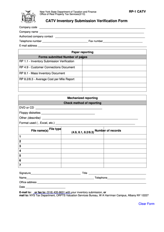 Fillable Form Rp-1 Catv - Catv Inventory Submission Verification Form Printable pdf