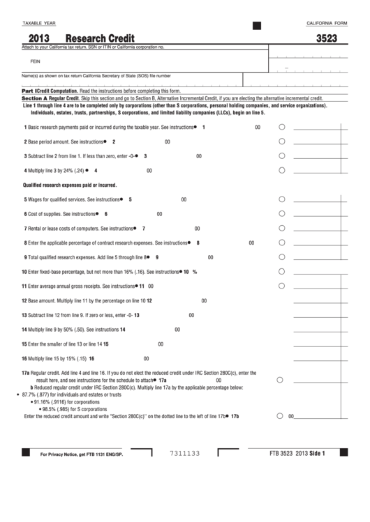 Fillable California Form 3523 - Research Credit - 2013 Printable pdf