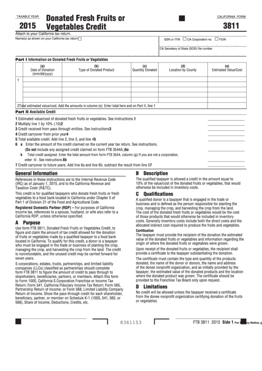 Form 3811 - California Donated Fresh Fruits Or Vegetables Credit - 2015 Printable pdf