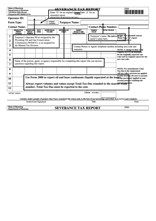 Form 2000 - Severance Tax Report Oil Printable pdf