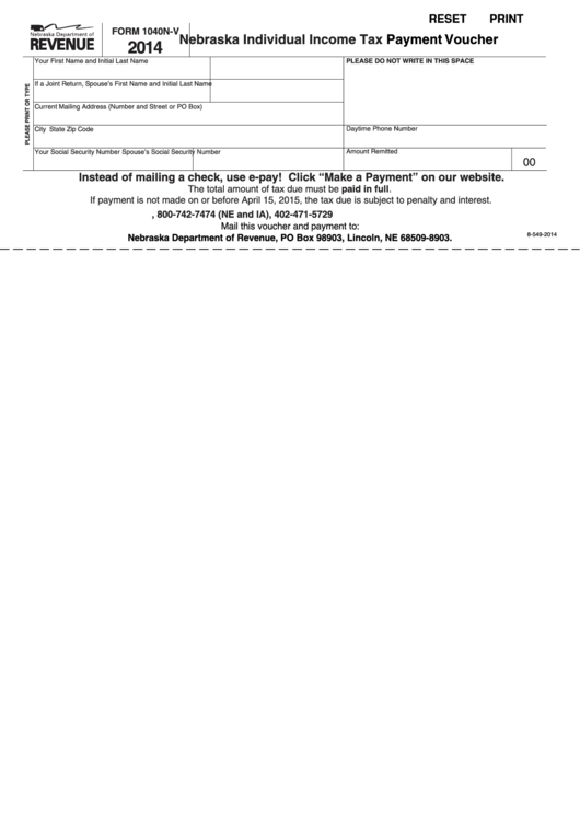 Fillable Form 1040n-V - Nebraska Individual Income Tax Payment Voucher - 2014 Printable pdf