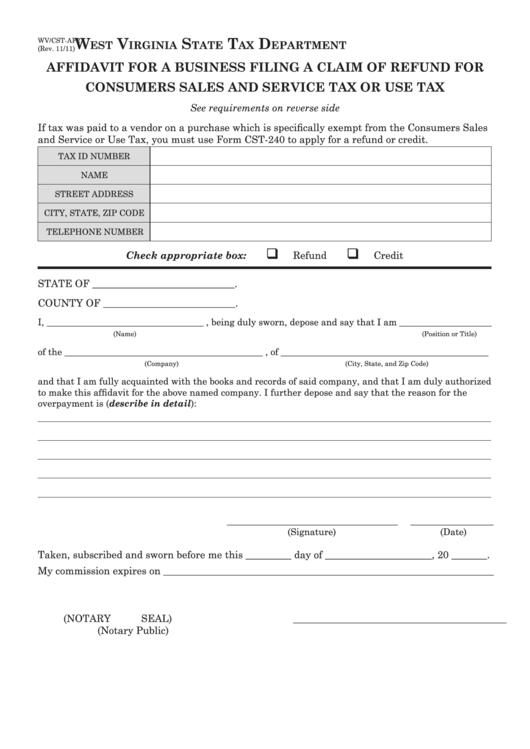 Form Wv/cst-Af2 - Affidavit For A Business Filing A Claim Of Refund For Consumers Sales And Service Tax Or Use Tax Printable pdf