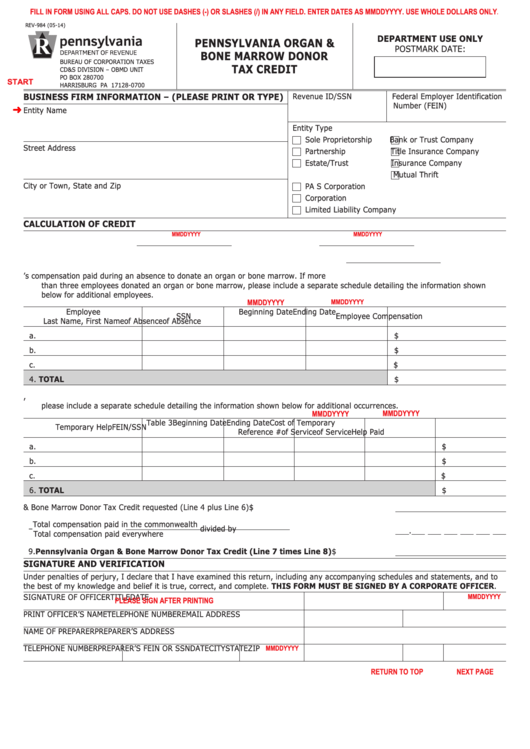 Fillable Form Rev-984 - Pennsylvania Organ & Bone Marrow Donor Tax Credit Printable pdf