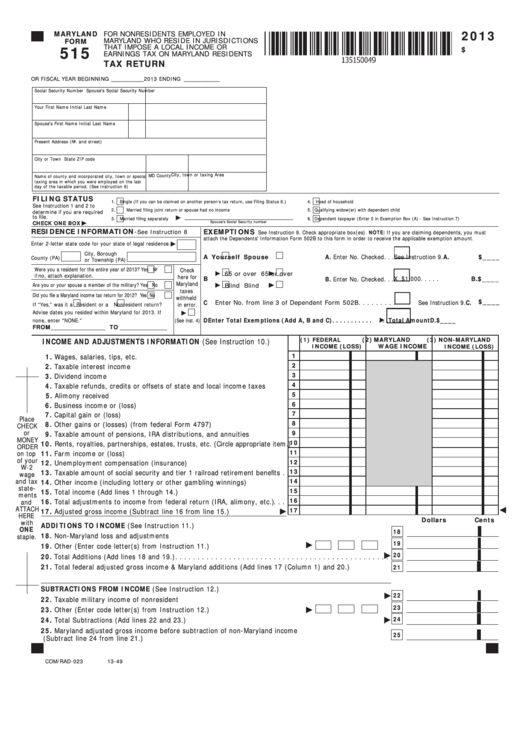 Fillable Maryland Form 515 - Income Tax Return - 2013 Printable pdf