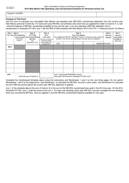 Fillable Form Rpd-41369 - New Mexico Net Operating Loss Carryforward Schedule For Personal Income Tax - 2014 Printable pdf