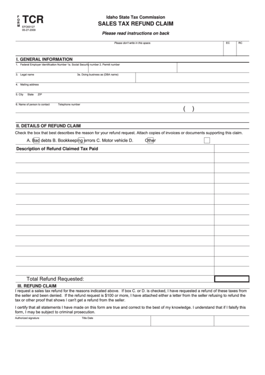Form Tcr - Idaho Sales Tax Refund Claim Printable pdf