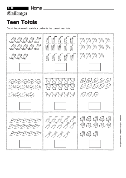 Teen Totals - Math Worksheet With Answers Printable pdf