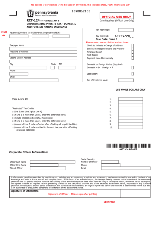 Fillable Form Rct-124 - Underwriting Profits Tax - Domestic And Foreign Marine Insurance Printable pdf