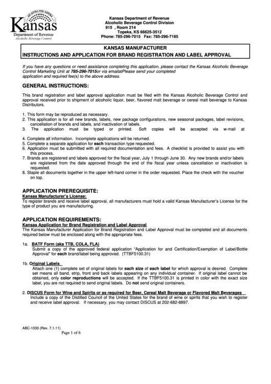 Fillable Form Abc-1030 - Kansas Manufacturer Application For Brand Registration And Label Approval Printable pdf
