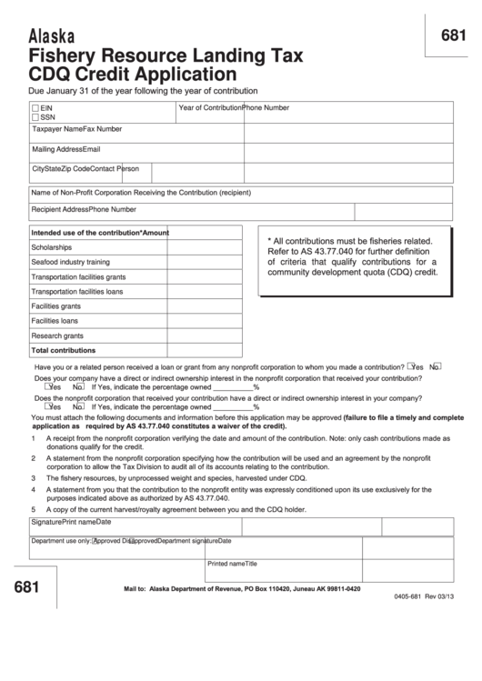 Fillable Form 681 - Alaska Fishery Resource Landing Tax Cdq Credit Application Printable pdf