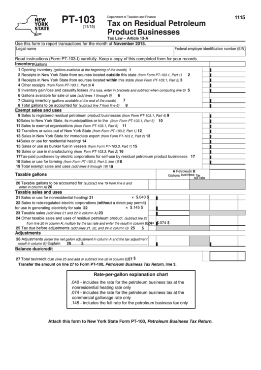 Form Pt-103 - Tax On Residual Petroleum Product Businesses Printable pdf