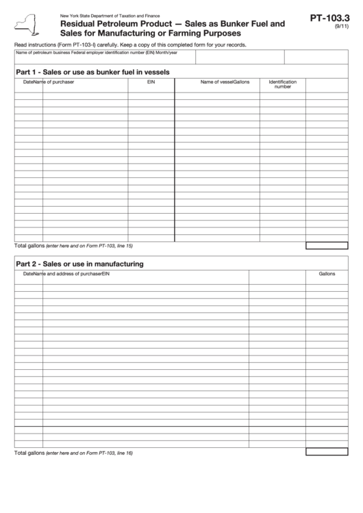 Form Pt-103.3 - Residual Petroleum Product - Sales As Bunker Fuel And Sales For Manufacturing Or Farming Purposes Printable pdf