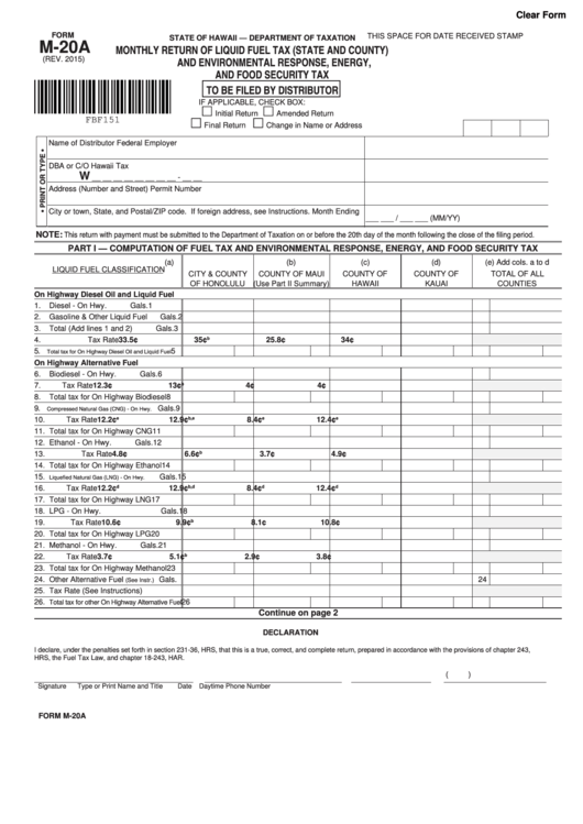 Fillable Form M-20a - Monthly Return Of Liquid Fuel Tax (State And County) And Environmental Response, Energy, And Food Security Tax Printable pdf