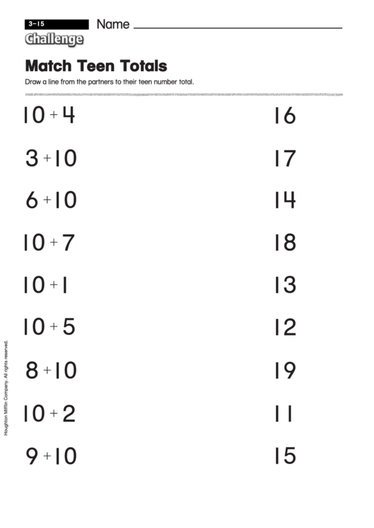 Match Teen Totals - Addition Worksheet With Answers Printable pdf