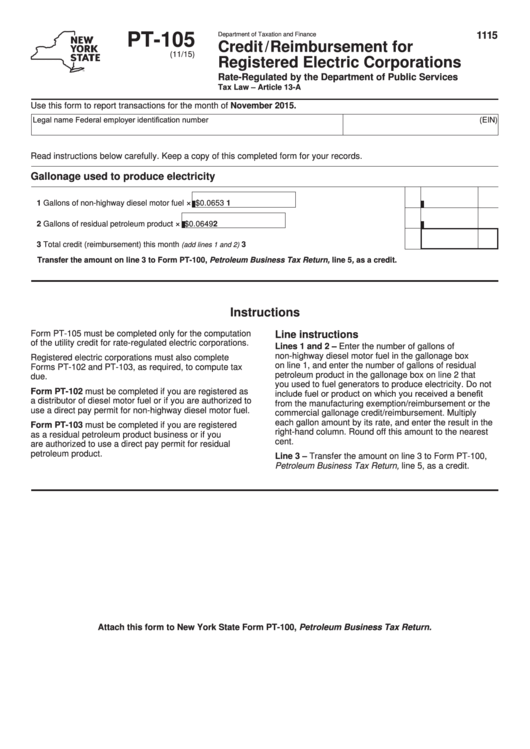 Form Pt-105 - Credit/reimbursement For Registered Electric Corporations Printable pdf