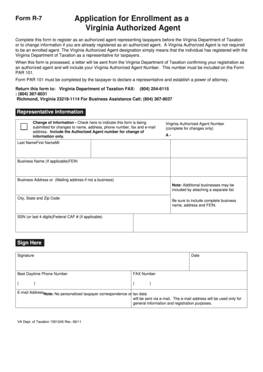 Fillable Form R-7 - Application For Enrollment As A Virginia Authorized Agent Printable pdf