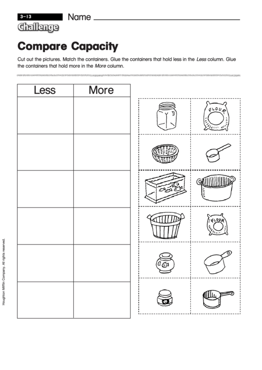 Compare Capacity - Capacity Worksheet With Answers Printable pdf